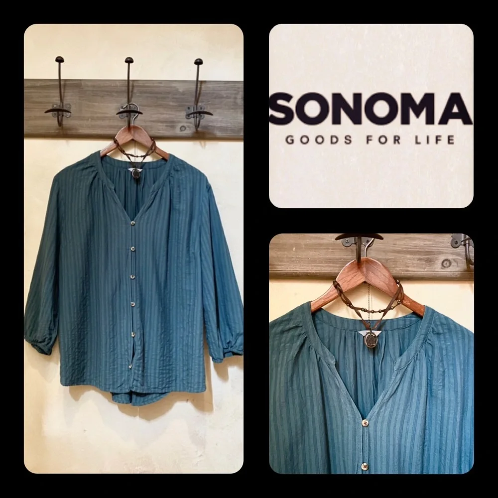 πͺΆ3/$35 SONOMA Embroidered Teal Green Button-Down Poof Sleeve Blouse-XL - Picture 1 of 16
